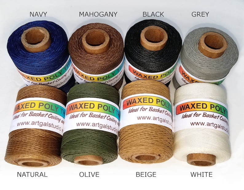 Poly waxed thread, 3 ply, 2 oz, pictured: Navy, Mahogany, Black, Grey, Natural, Olive, Beige and White