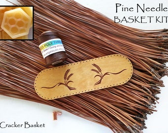 Pine Needle Cracker Basket Kit DIY- Engraved Center 8" x 2.5" - Waxed Thread - Pine Needles