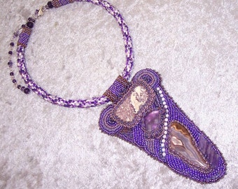 LAVENDER LAGOON - OOAK Bead Embroidered Necklace in Lavender, Lilac, and Purple with Kumihimo and Sterling Silver