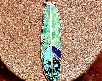 REVERSIBLE Stone Inlay Feather Pendant - Gaspeite, Kingman Spiderweb Turquoise, Lapis Lazuli, and Sterling Silver