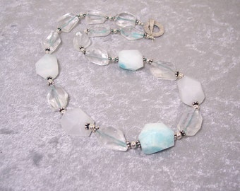 RAIN - Knotted Silk Necklace in Hemimorphite, Clear Quartz, and Sterling Silver