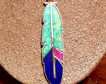 REVERSIBLE Stone Inlay Feather Pendant - Gaspeite, Lapis Lazuli, Pink Calcite and Sterling