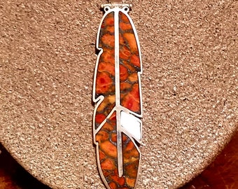 REVERSIBLE Stone Inlay Feather Pendant - Coral Metal Matrix, Mother of Pearl, and Sterling Silver
