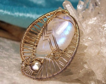 WEDDING DAY - OOAK Wire Wrapped Yin/Yang Pendant in Rainbow Moonstone, Sterling Silver Wire and 14K Gold-Filled Wire