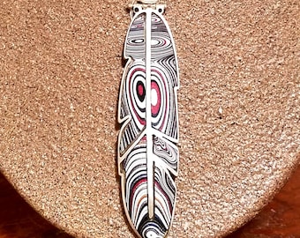 REVERSIBLE Stone Inlay Feather Pendant - B) Fordite and Sterling