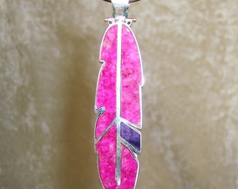 REVERSIBLE Stone Inlay Feather Pendant – Pink Calcite, Sugilite, and Sterling Silver