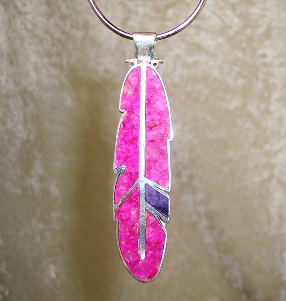 REVERSIBLE Stone Inlay Feather Pendant – Pink Calcite, Sugilite, and Sterling Silver
