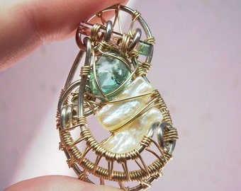 Wealth of Happiness - OOAK Wire Sculpture Pendant of Tourmalines, Baroque Fresh Water Pearl, 14K Gold-filled, and Sterling Silver