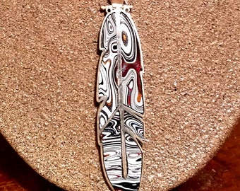 REVERSIBLE Stone Inlay Feather Pendant - C) Fordite and Sterling