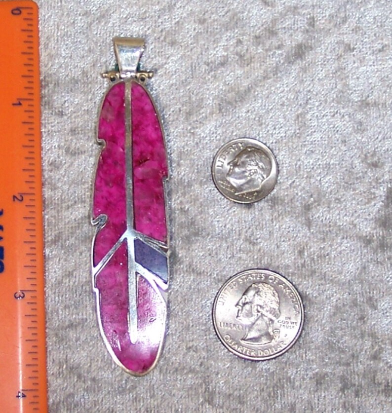 REVERSIBLE Stone Inlay Feather Pendant – Pink Calcite, Sugilite, and Sterling Silver image 5