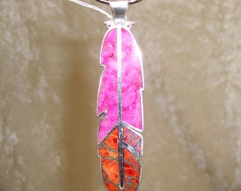 REVERSIBLE Stone Inlay Feather Pendant – Pink Calcite, Coral-Metal-Matrix, Lab. Opal and Sterling Silver