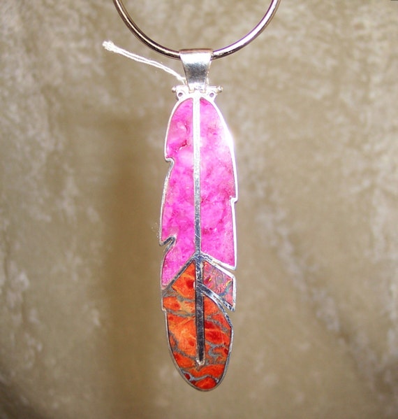 REVERSIBLE Stone Inlay Feather Pendant – Pink Calcite, Coral-Metal-Matrix, Lab. Opal and Sterling Silver