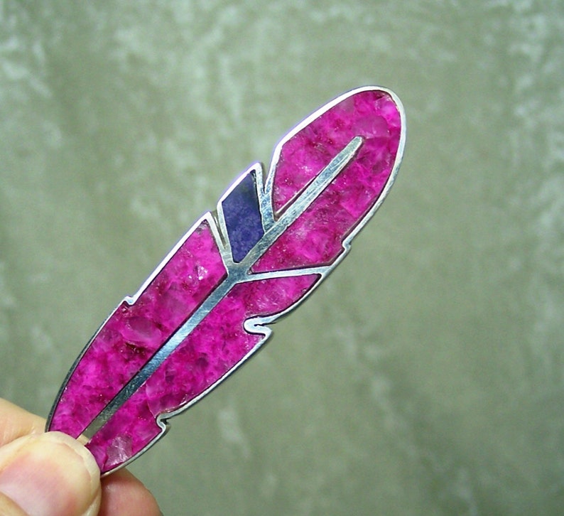 REVERSIBLE Stone Inlay Feather Pendant – Pink Calcite, Sugilite, and Sterling Silver image 2
