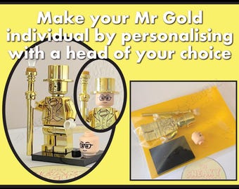 Mr Gold Minifigure Personalised Mr Gold Chrome Brick Block Toy 3D Printed Custom Choose Your Own Head To Make It Truly Personal