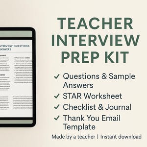 Könnte beinhalten: Ein Teacher Interview Prep Kit auf einem Tablet. Es zeigt Interviewfragen und Musterantworten. Das Kit enthält ein STAR-Arbeitsblatt, eine Checkliste, ein Journal und eine Dankes-E-Mail-Vorlage. Eine Kaffeetasse und ein weiteres Tablet sind ebenfalls zu sehen.