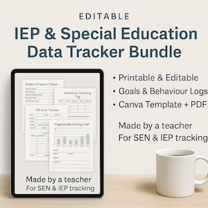 Può includere: Un tablet digitale mostra un pacchetto di monitoraggio dei dati per IEP e istruzione speciale. Lo schermo mostra moduli stampabili e modificabili per obiettivi, registri comportamentali e monitoraggio dei progressi. Una tazza bianca è a destra. Il testo recita: "Made by a teacher for SEN & IEP tracking."
