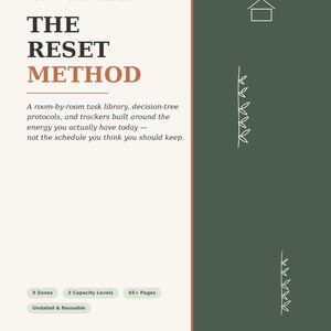 Puede incluir: Un documento digital imprimible titulado The Reset Method, un sistema doméstico basado en la capacidad. La página presenta un fondo crema con acentos verde oscuro, texto detallando 9 zonas, 3 niveles de capacidad, 45+ páginas y la frase for the days you have, not the days you planned.