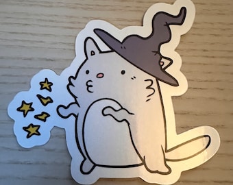 Magic Cat Witch Sticker • Large Waterproof Vinyl Decal • Magical Cat Gift • Witch Hat Cat Sticker for Laptop & Journal