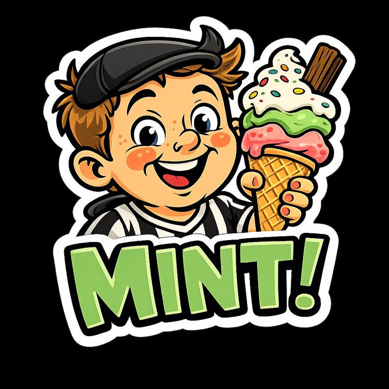 May include: Cartoon illustration of a smiling boy wearing a black beret and a striped shirt, holding a colorful ice cream cone. The ice cream has three scoops and a chocolate stick. The word "MINT!" is written in green.