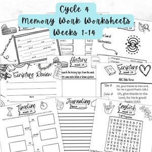 May include: Black and white printable worksheets for memory work, featuring a variety of subjects including scripture, history, English, and journaling. The worksheets are labeled with the week number and include activities such as fill-in-the-blanks, word searches, and timelines.