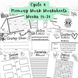 May include: Black and white printable worksheets for memory work, including scripture review, history, timeline, journaling, and English. The worksheets are labeled with the week number, from 15 to 28.