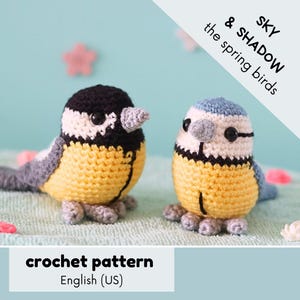 Op de afbeelding: Haakpatroon voor twee kleine amigurumi vogels, een blauwe en een zwart-gele, met de titel "Sky & Shadow the spring birds" en de tekst "crochet pattern English (US)"