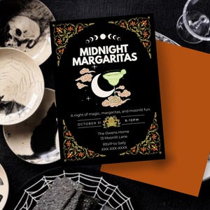 May include: A Halloween-themed invitation with the text "Midnight Margaritas" on a black background, featuring a cocktail illustration. The invitation is accompanied by decorative plates with spooky designs, including a skull, bat, and spiderweb.