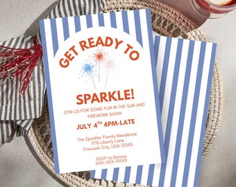 May include: Invitation with blue and white stripes and the text "GET READY TO SPARKLE!" in orange. The invitation includes details for a fireworks show on July 4th. The invitation is on a woven tray with a striped napkin.