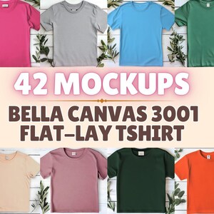 Tabla de colores editable Bella Canvas 3001, 42 archivos PNG transparentes + 42 plantillas JPEG, maqueta de camiseta unisex para hombre y mujer, tabla personalizada