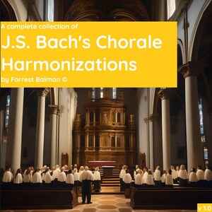 以下が含まれることがあります： フォレスト・バルマンによるJ.S. バッハのコーラル・ハーモナイゼーションの完全なコレクション。教会の環境で、白いローブを着た合唱団が歌っています。