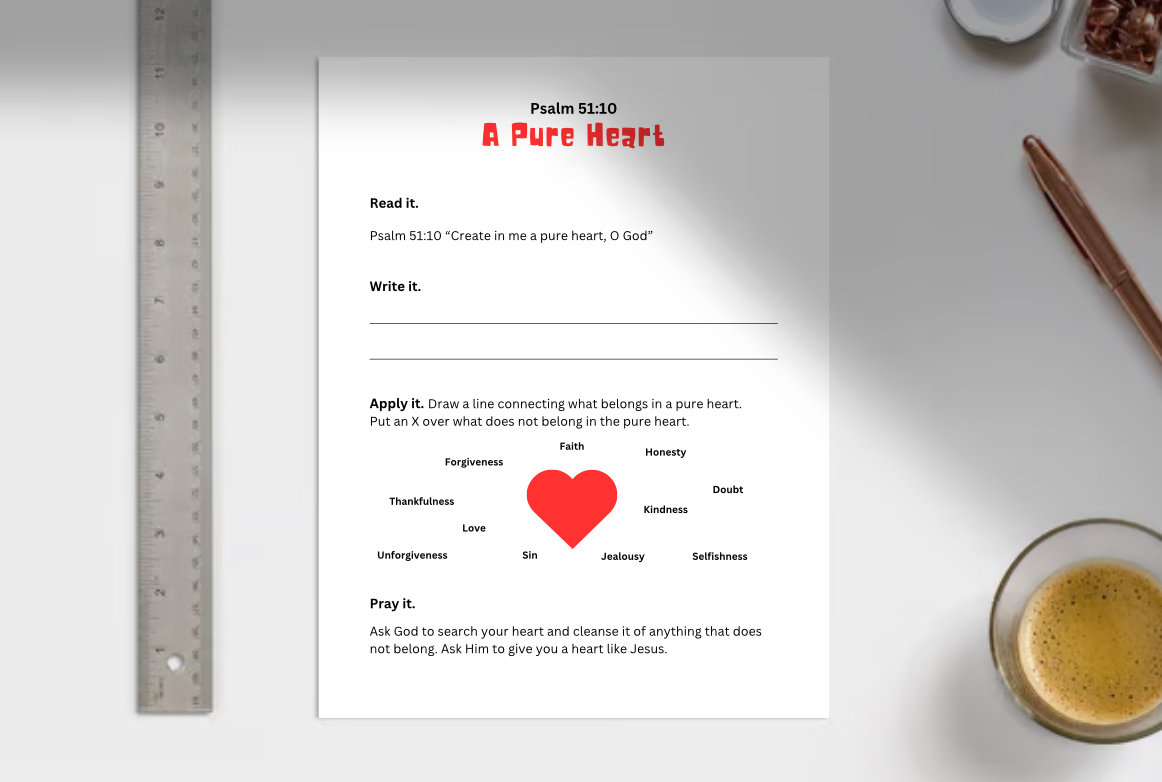 Psalm 51:10 A Pure Heart Worksheet