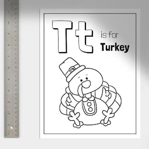 秋の感謝祭の文字「Tは七面鳥」の子供向けぬり絵ページ