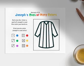 Puede incluir: Un papel blanco con el texto "Joseph's Coat of Many Colors" e instrucciones para un juego de colorear. El juego incluye un contorno de abrigo y dados con puntos codificados por colores. Una taza de café y un bolígrafo están en el fondo.
