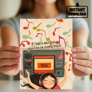 Retro Mixtape Kartka z życzeniami - Uroczy prezent muzyczny dla przyjaciół, miłośników płyt winylowych, niespodzianka urodzinowa lub rocznicowa - 5x7 do wydrukowania
