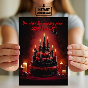 Dark LEGO Liebeskarte als digitaler Download - Gothic Geburtstagskuchen mit Zitat für Paare