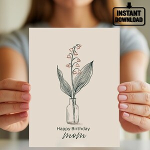 Cartão de Feliz Aniversário para Mãe com Lírio do Vale para Imprimir – Ilustração de Flor com Linhas Mínimas – Cartão Floral Digital para Aniversário da Mãe