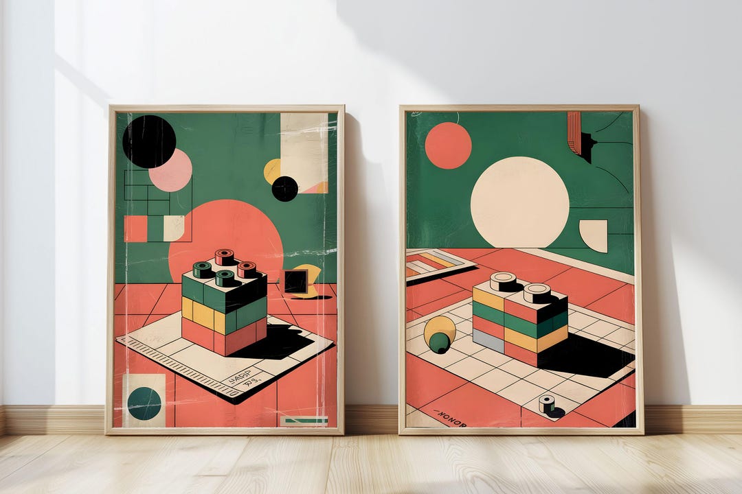 Retro Lego Wall Art Set, Geometric Toy Block Poster, Abstract Vintage ...