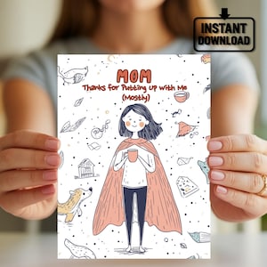 Cartão de agradecimento à mãe - Obrigado por me aturar (principalmente) - Cartão engraçado para o dia das mães, presente sarcástico para a mãe, cartão fofo e peculiar