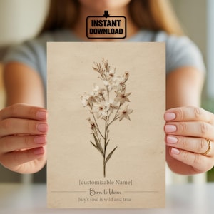 Benutzerdefinierte Juli Geburtsblumenkarte - gepresstes Blumenmuster mit Namen Personalisierung, Vintage botanisches Geburtstagsgeschenk für Sie