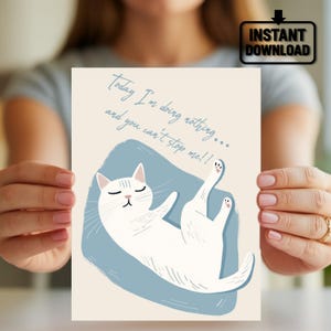 Cartão postal de gato preguiçoso – Cartão de gato engraçado e fofo para relaxamento, vibrações relaxantes, papelaria estética minimalista, perfeito para amantes de gatos e presentes