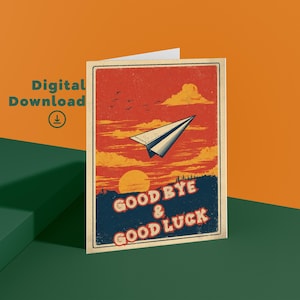 Cartão de despedida para impressão digital - Cartão de despedida retrô dobrado 5x7 com avião de papel e ilustração do pôr do sol