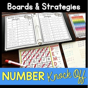 May include: A close-up of a binder with colorful worksheets and a game board. The binder has the title "Boards & Strategies" and the game board is labeled "Number Knock Off". The worksheets include math problems and strategies for solving them.