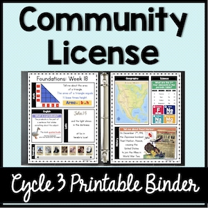 May include: A three-ring binder open to display educational pages titled Foundations: Week 18. The pages feature sections on math, English, Latin, geography, science, and history, including a map of North America and a periodic table chart.