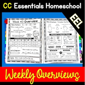 May include: A colourful homeschool curriculum worksheet with the title "Week #13 Overview" and a diagram explaining the sentence structure "S-Vt-IO-DO". The worksheet also includes a diagram of a sentence with the words "Mom made me muffins".