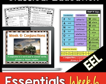 May include: A colorful chart with the title "Classical Education" and the text "Week 6: Conjunctions". The chart includes a list of coordinating, correlative, and subordinating conjunctions. The chart also includes a list of conjunctive adverbs. The chart is designed to help students learn about conjunctions.