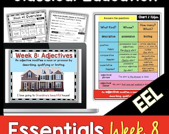 May include: A colorful digital classroom resource for teaching adjectives. The image shows a laptop screen with a lesson on adjectives, a chart explaining different types of adjectives, and a chart explaining how to use adjectives in sentences. The text on the laptop screen reads "Week 8: Adjectives. An adjective modifies a noun or pronoun by describing, qualifying or limiting. I love going to Grandma's beautiful house!"