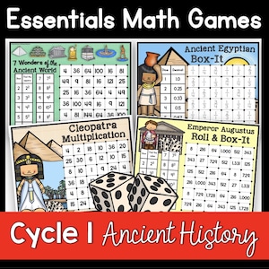 May include: A set of four educational maths games for children featuring an ancient Egyptian theme. The games include "7 Wonders of the Ancient World", "Ancient Egyptian Box-It", "Cleopatra Multiplication", and "Emperor Augustus Roll & Box-It".