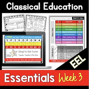 Puede incluir: Un gráfico colorido titulado "Classical Education Essentials Semana 3" con un diagrama que muestra los diferentes trabajos que un sustantivo puede tener en una oración. El gráfico incluye las abreviaturas para cada trabajo del sustantivo, como Sustantivo sujeto (SN), Sustantivo adjetivo posesivo (PNA) y Objeto directo (DO). El gráfico también incluye una sección sobre cómo describir un sustantivo, con categorías como Común, Propio, Singular, Plural, Concreto, Abstracto, Colectivo y Compuesto.