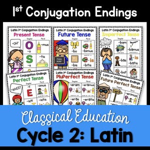 May include: Educational poster set for learning Latin conjugation endings. The posters are colorful and feature illustrations of characters and objects. The text includes terms like "Present Tense," "Future Tense," and "Perfect Tense."