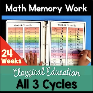 Puede incluir: Primer plano de un archivador con páginas coloridas que muestran las tablas de multiplicar del 7 y del 8. El archivador está etiquetado como "Math Memory Work" y "Semana 4: 7s y 8s". El texto "24 Semanas" es visible en la esquina inferior izquierda. El texto "Classical Education All 3 Cycles" es visible en el centro inferior de la imagen.